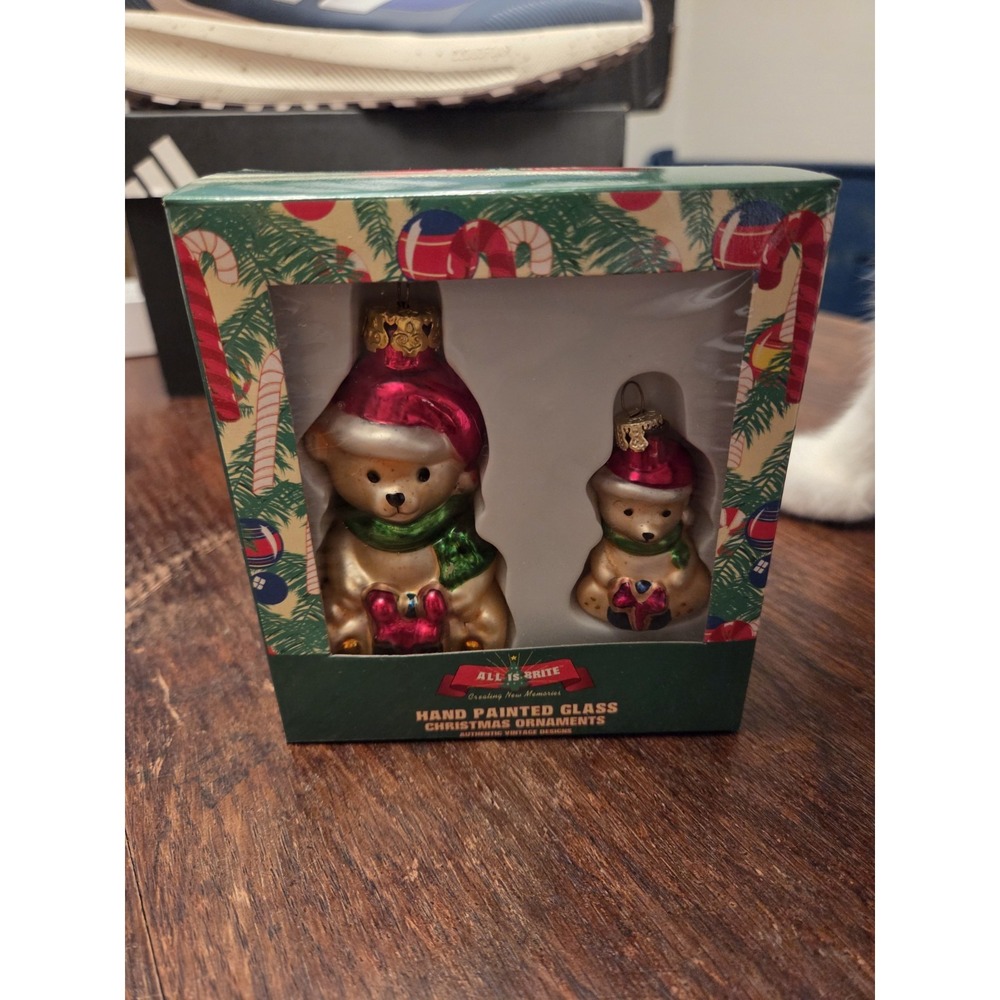 Vintage "All Is Brite" Handpainted Glass Christmas Ornaments - Teddy Bears‎
